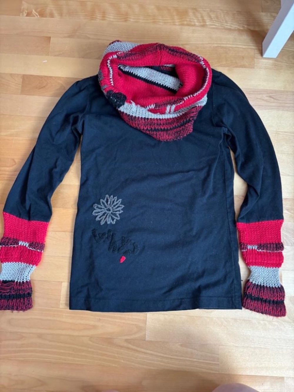 Desigual Black Long-Sleeve Cowl Neck Top w/ Distressed Details